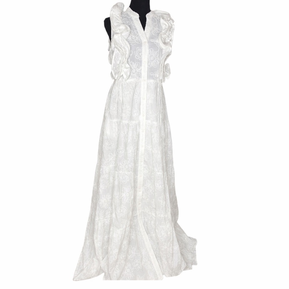 NWT Solitaire White Embroidered Ruffle Tiered Maxi Dress 100% Cotton Boho Size S